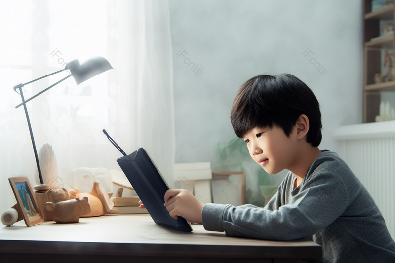 小男孩在家里坐着面带微笑认真的看书摄影背景,高清,摄影图,摄影图片,图片大全,摄影图免费下载